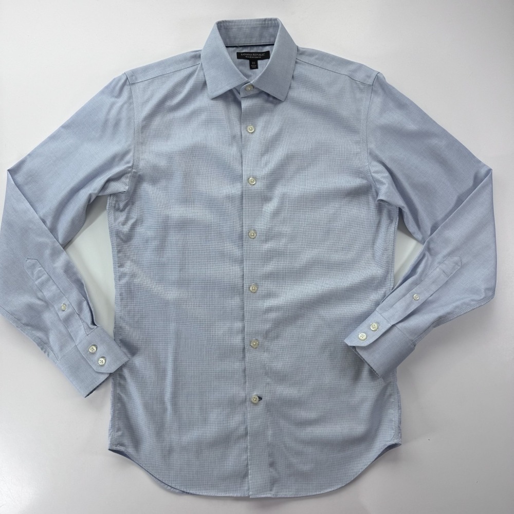 BANANA REPUBLIC Non Iron Slim Fit Dress Shirt Mens X-Small Sky Blue Square Weave